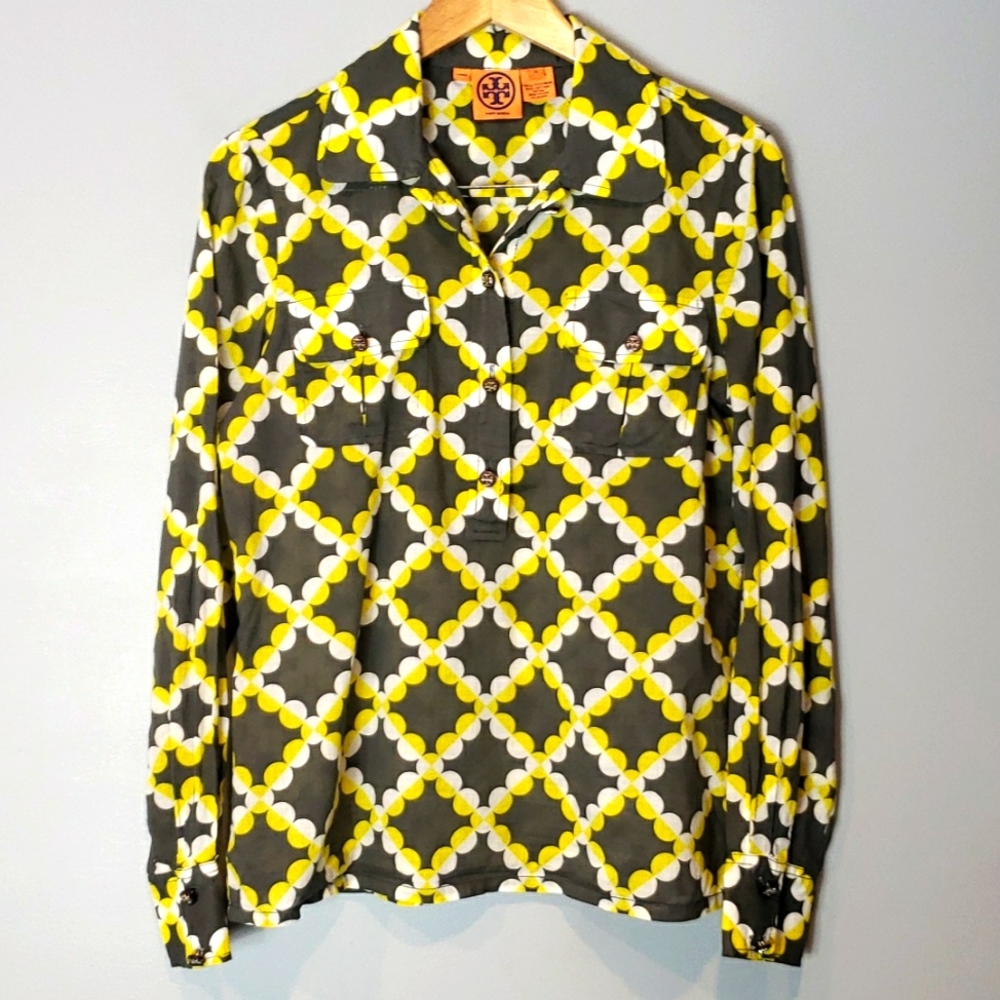 Tory Burch Blouse Preppy Art Classic 10 Yellow Brown 70s